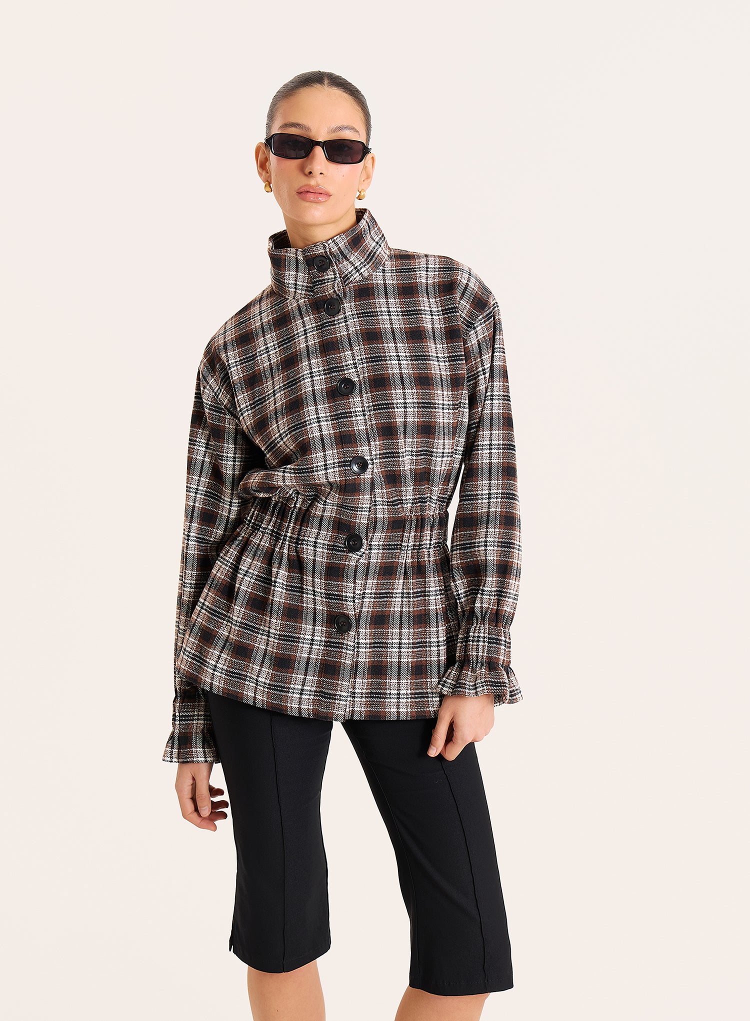 Brown Check Funnel Neck Cinched Waist Jacket